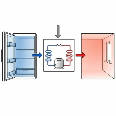 A refrigerator removes heat from a cold space using work and expels heat to a warmer room.
