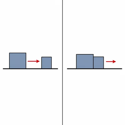 A moving block collides with a stationary block and they stick together, then move right as one object.