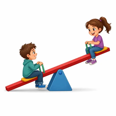 Two same-size children sit on a see-saw, one near the middle and one near the far end.