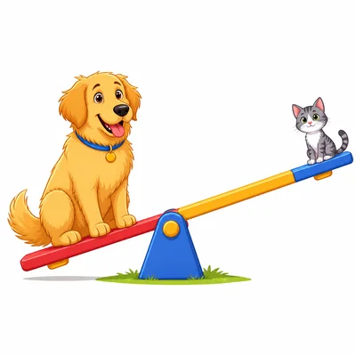A big dog sits near the middle of a see-saw while a small cat sits far from the middle.