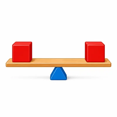A plank balances on a center support with matching blocks equally spaced on both sides.
