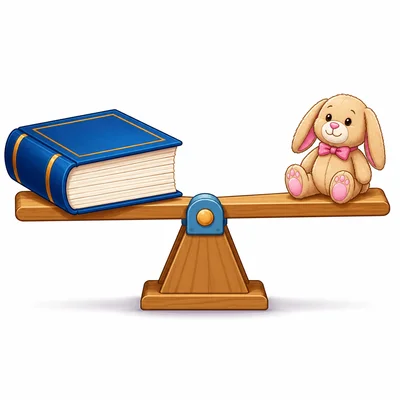 A book and a stuffed animal sit the same distance from the middle of a see-saw.