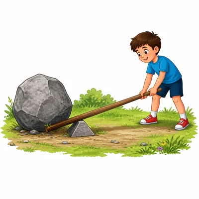 A child uses a stick and small support as a lever to lift a heavy rock.