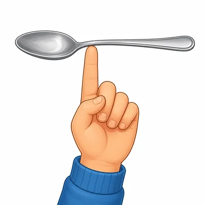 A spoon balances on a finger near where the handle meets the bowl.