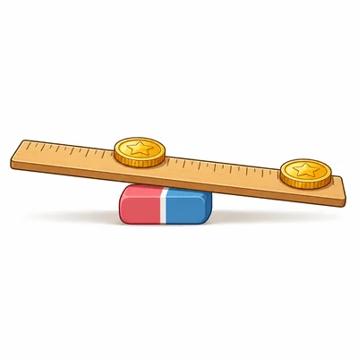 Two identical coins sit on a balanced plank, with the right coin farther from the middle.