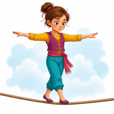 A tightrope walker balances with arms stretched wide.