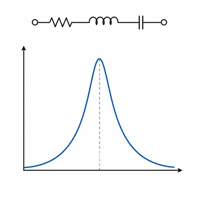 Resonance graph with current peaking at one frequency for a series RLC circuit.