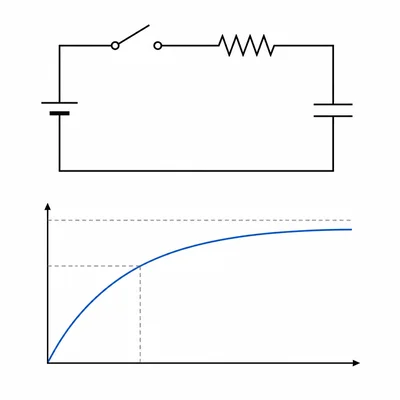 RC charging circuit with an exponential capacitor voltage curve and a guide point near two-thirds of the final value.