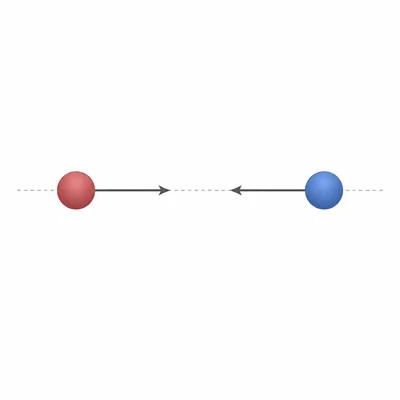 Two oppositely charged spheres with arrows pointing toward each other, showing attraction.