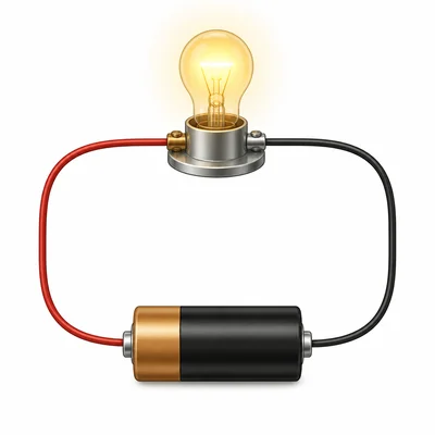 A closed circuit with a battery, wires, and a glowing light bulb.