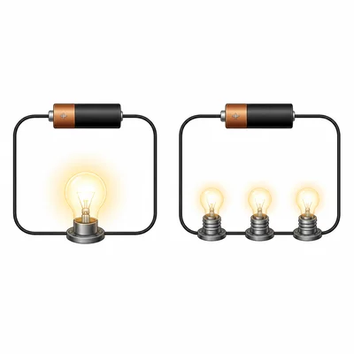 One circuit with a bright single bulb beside another circuit with three dim bulbs in series.
