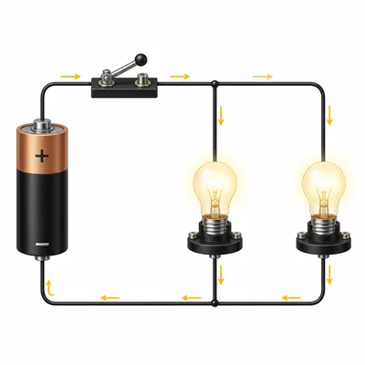 A closed switch sends current through two parallel branches with lit bulbs.