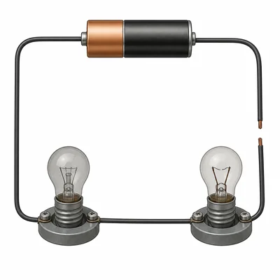 A series circuit with one burned-out bulb causing the other bulb to be off.