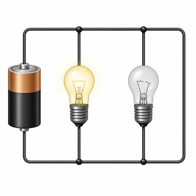A parallel circuit where one burned-out bulb is off and the other bulb remains lit.