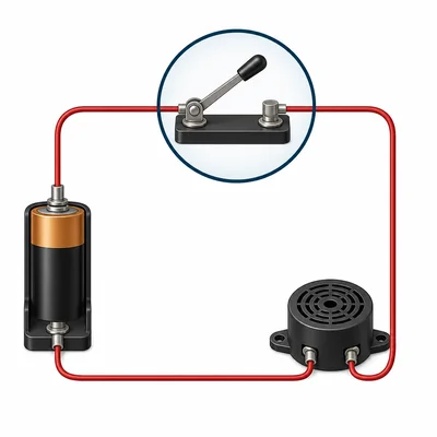 A circuit with a battery, buzzer, wires, and a switch controlling the path.