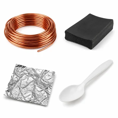 Copper wire, rubber, aluminum foil, and a plastic spoon shown as materials to classify.