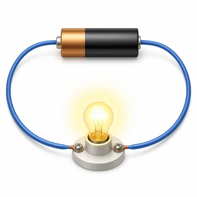 A complete circuit with a battery, wires, and a glowing bulb.