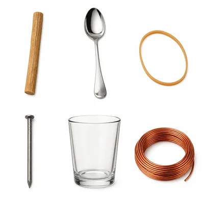 Wood, silver, rubber, iron, glass, and copper objects.