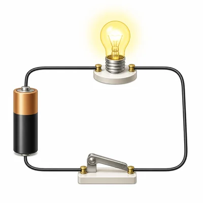 A complete simple circuit with battery, bulb, switch, and wires.