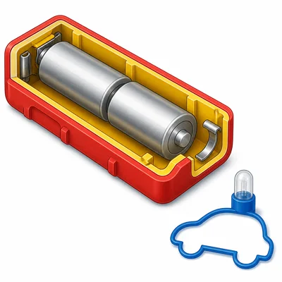 A toy battery holder with a bent metal contact not touching the battery.