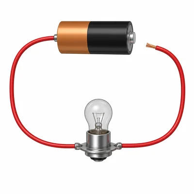 An open circuit with a disconnected wire and an unlit bulb.