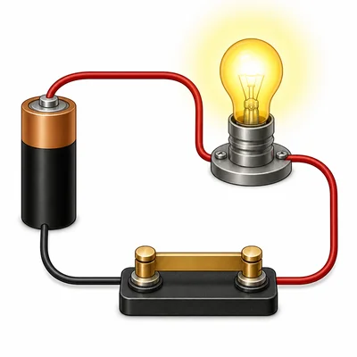 A closed switch completes a circuit and lights a bulb.