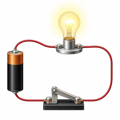 A closed-switch circuit with a glowing bulb.