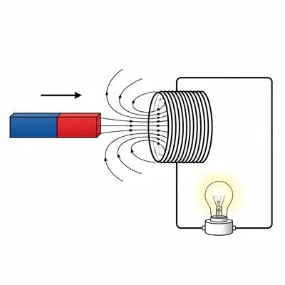 Bar magnet moving toward a coil connected to a glowing light bulb.
