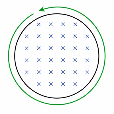 Circular loop with field into the page and a counterclockwise current arrow.