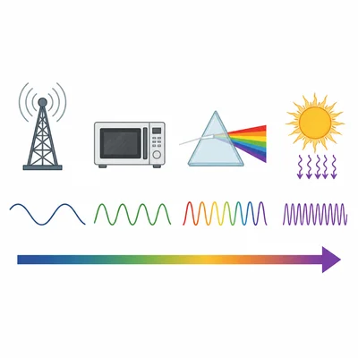 Radio, microwave, visible light, and ultraviolet waves shown from lowest to highest energy.