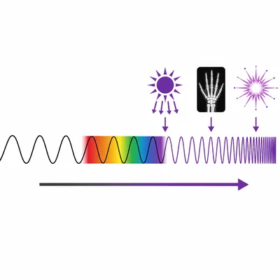 Visible light with shorter-wavelength ultraviolet, X-ray, and gamma regions beyond violet.