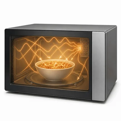 A microwave oven uses waves inside the oven to heat food.