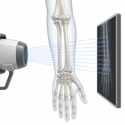 X-rays pass through soft tissue to show bones inside a hand.
