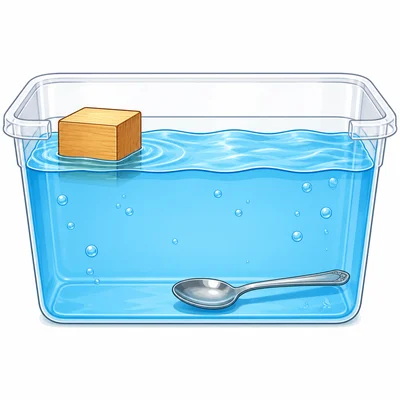 A wooden block floating in water and a metal spoon sunk at the bottom.