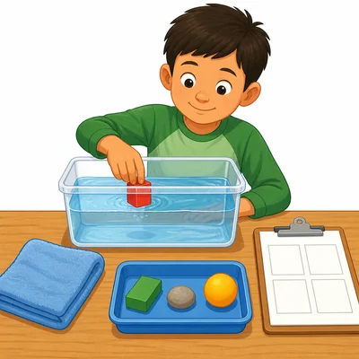 A child tests whether a classroom object floats or sinks in a tub of water.