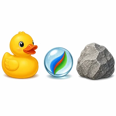 A rubber duck, a glass marble, and a rock.