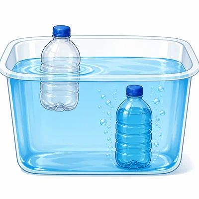 An empty capped bottle floats, while a water-filled bottle sinks lower.