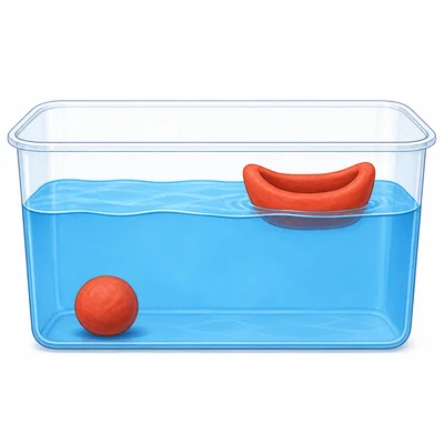 A clay ball sinks, but clay shaped like a boat floats.