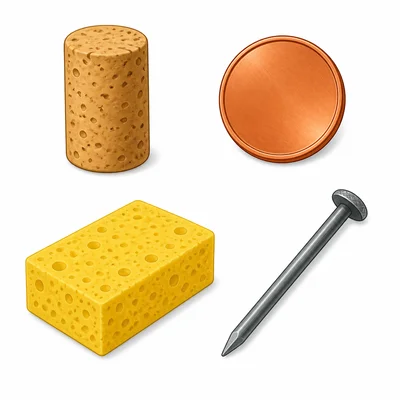 A cork, coin, sponge, and steel nail.