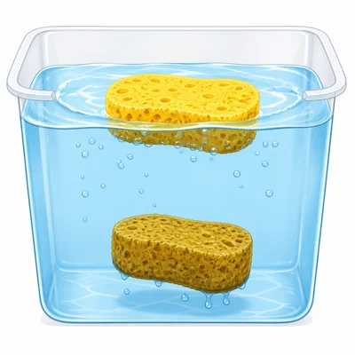 One sponge floats high, while a soaked sponge sinks lower in water.