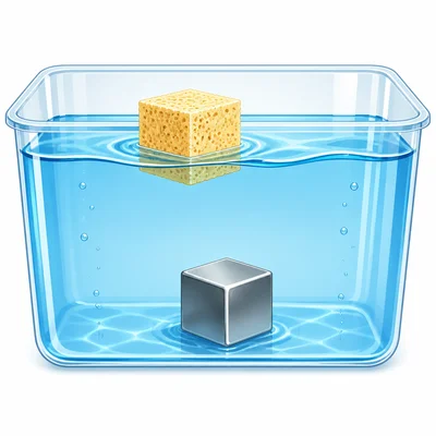 A foam cube floats while a same-sized metal cube sinks.