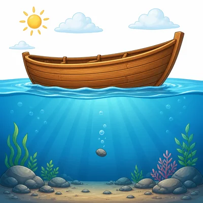 A large boat floats while a small pebble sinks.