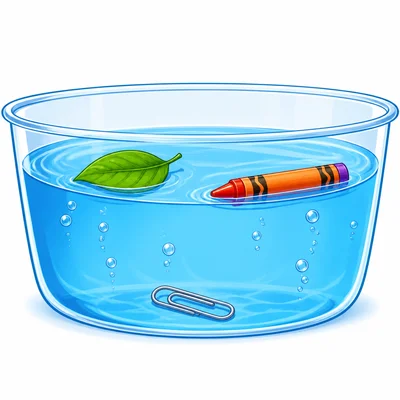 A leaf and crayon float, and a paper clip sinks in water.