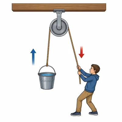 Fixed pulley changes a downward pull into upward motion of a bucket.