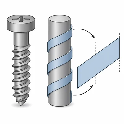 Screw thread shown as an inclined plane wrapped around a cylinder.