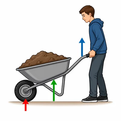 Wheelbarrow lever with wheel as fulcrum, load in bucket, and effort at handles.