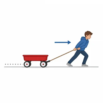 Person pulls a wagon across a flat surface.