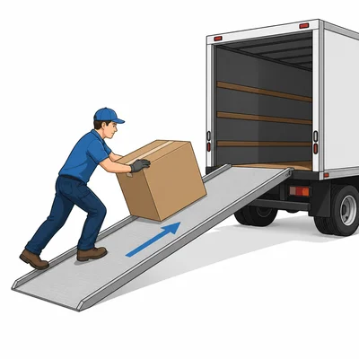 Worker pushes a box up a ramp into a truck.