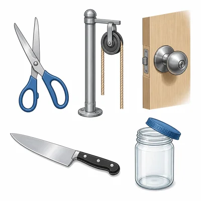 Examples of simple machines: scissors, pulley, doorknob, knife, and jar lid.