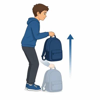 Student lifts a backpack straight upward.
